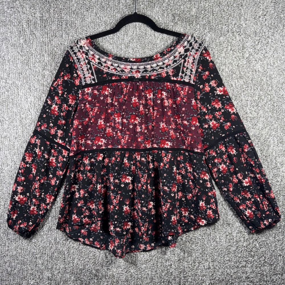 Knox Rose Peasant Blouse Black Floral Lace Up Boho Women Medium